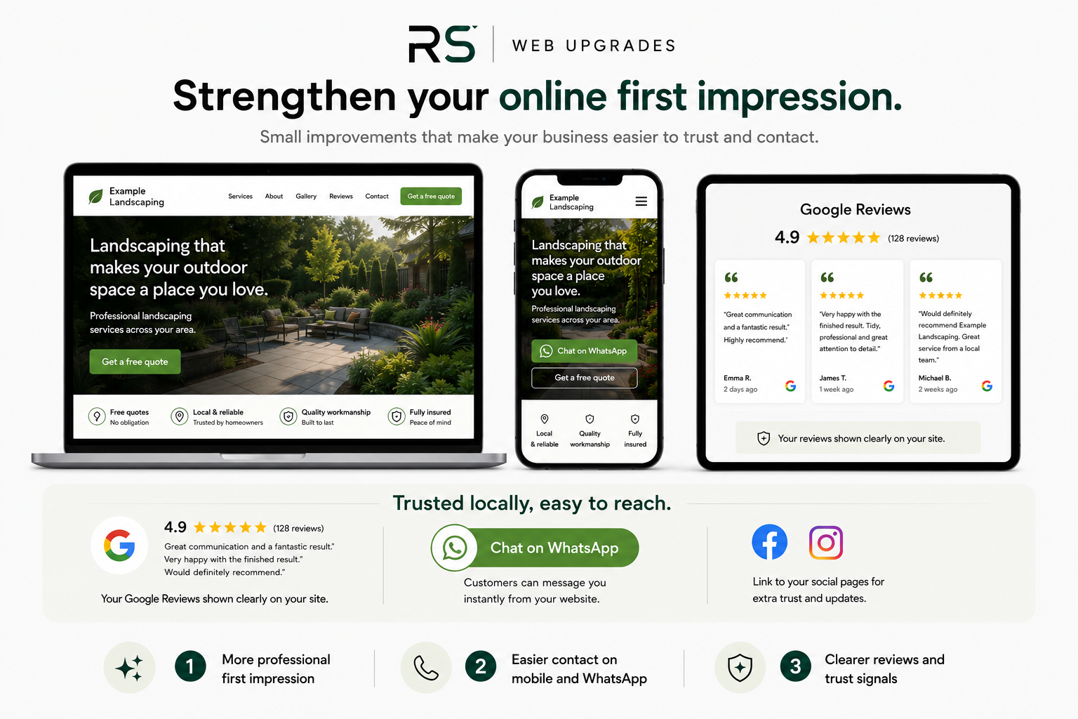Example website upgrade showing a redesigned landscaping website on laptop, phone, and tablet