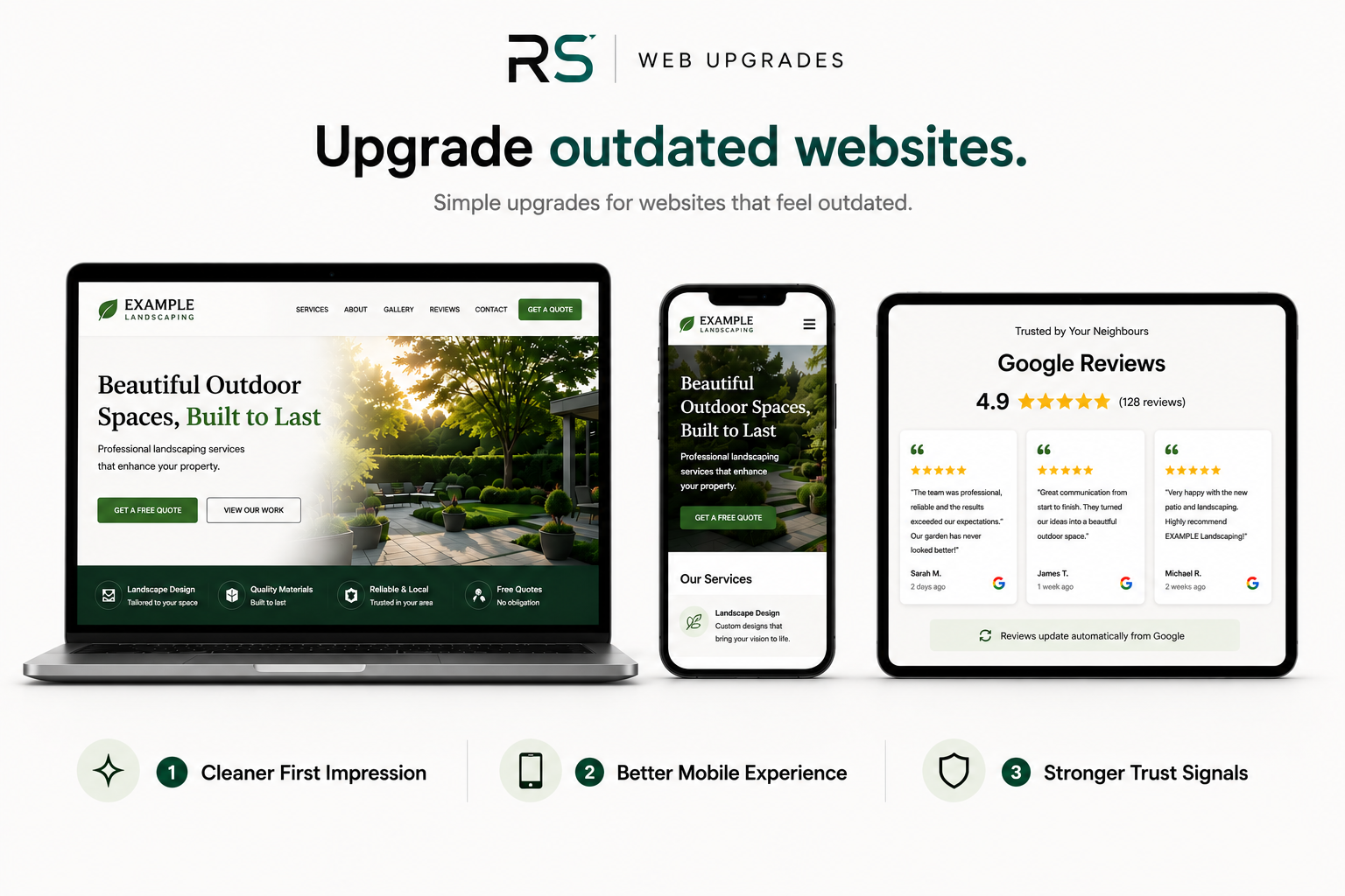 Example website upgrade showing a professional landscaping website on laptop, phone, and tablet